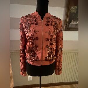 Endless Rose Coral Bomber Jacket with Floral Design